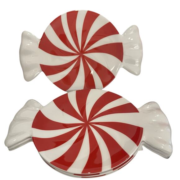 4pc Christmas Peppermint Candy Melamine Appetizer Plates 8.5x6 Red & White New - Picture 4 of 13